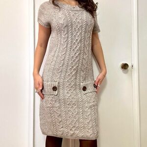 Alpaca Wool Grey Cable Knit Dress with Bow | Size Large
